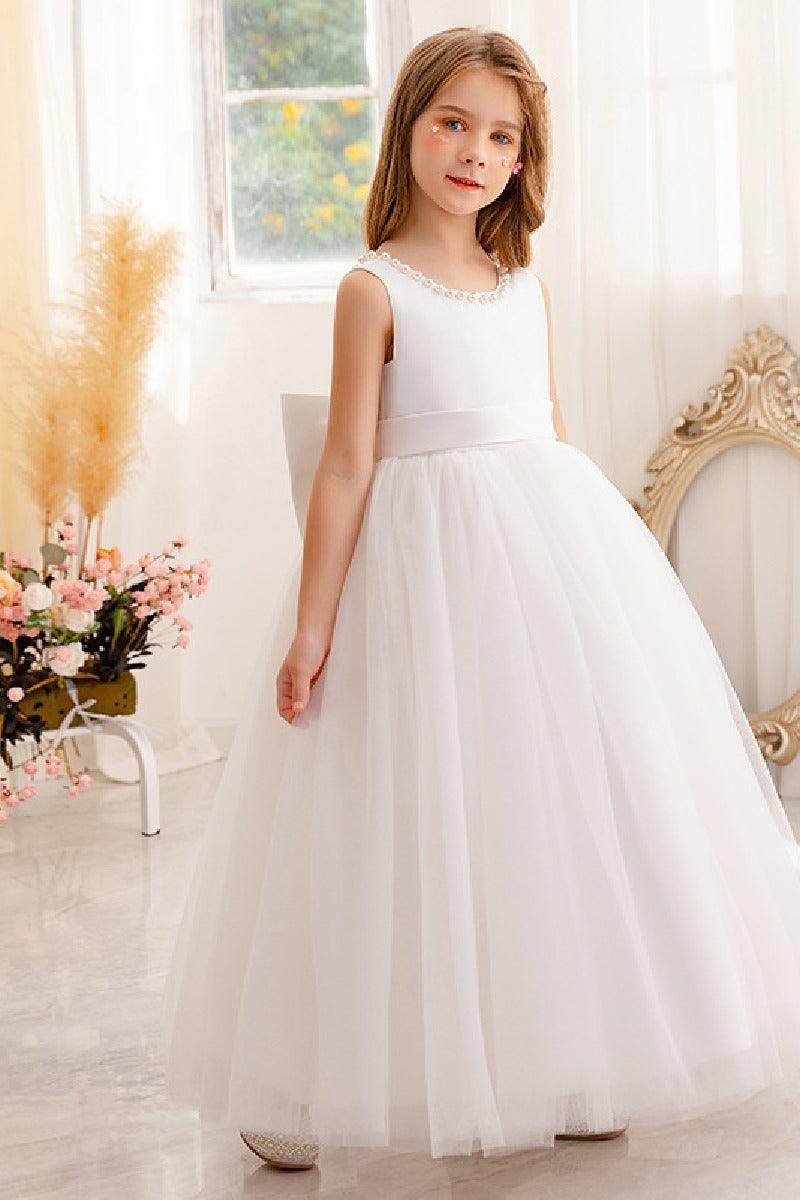 A-Line Scoop Neck Satin/Tulle Flower Girl Dresses With Bow(s)/Beading 752041855392 - COCOMELODY